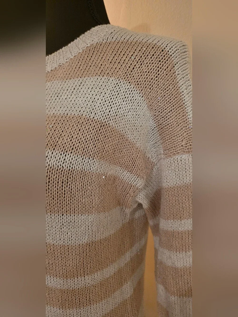 Saks Sparkley Ladies Striped Crewneck Sweater in Tan & White (Med) Viscose Blend